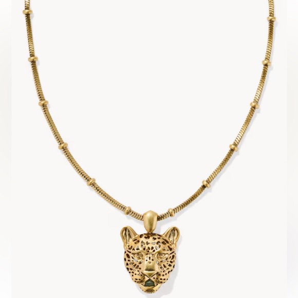 Kendra Scott Maura Vintage Gold Jaguar Short Pendant Necklace in Sage Serpentine - Picture 1 of 6
